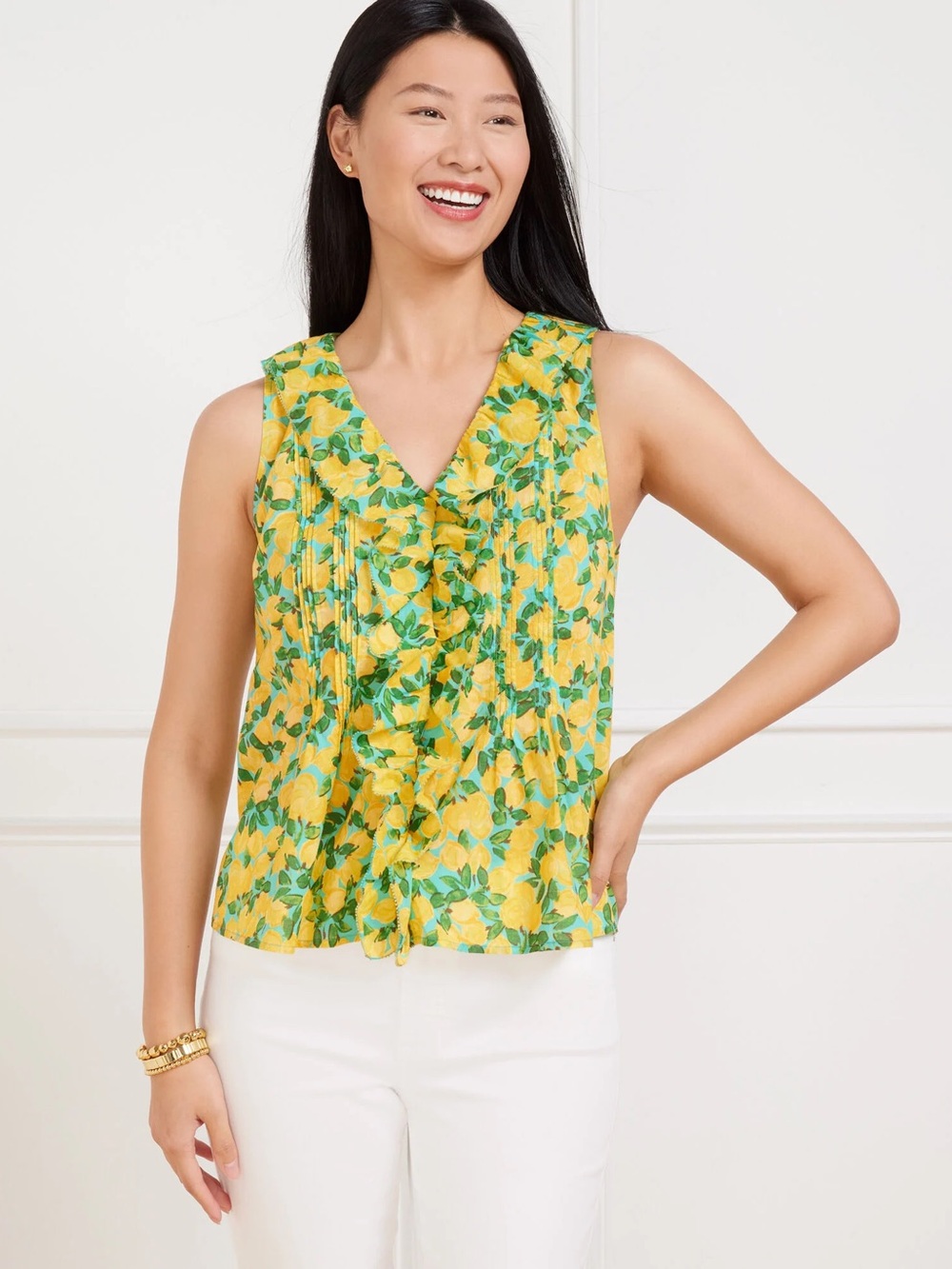Talbots L Cotton Lemon Pintuck Ruffle Trim Sleeveless Button Front V Neck Summer